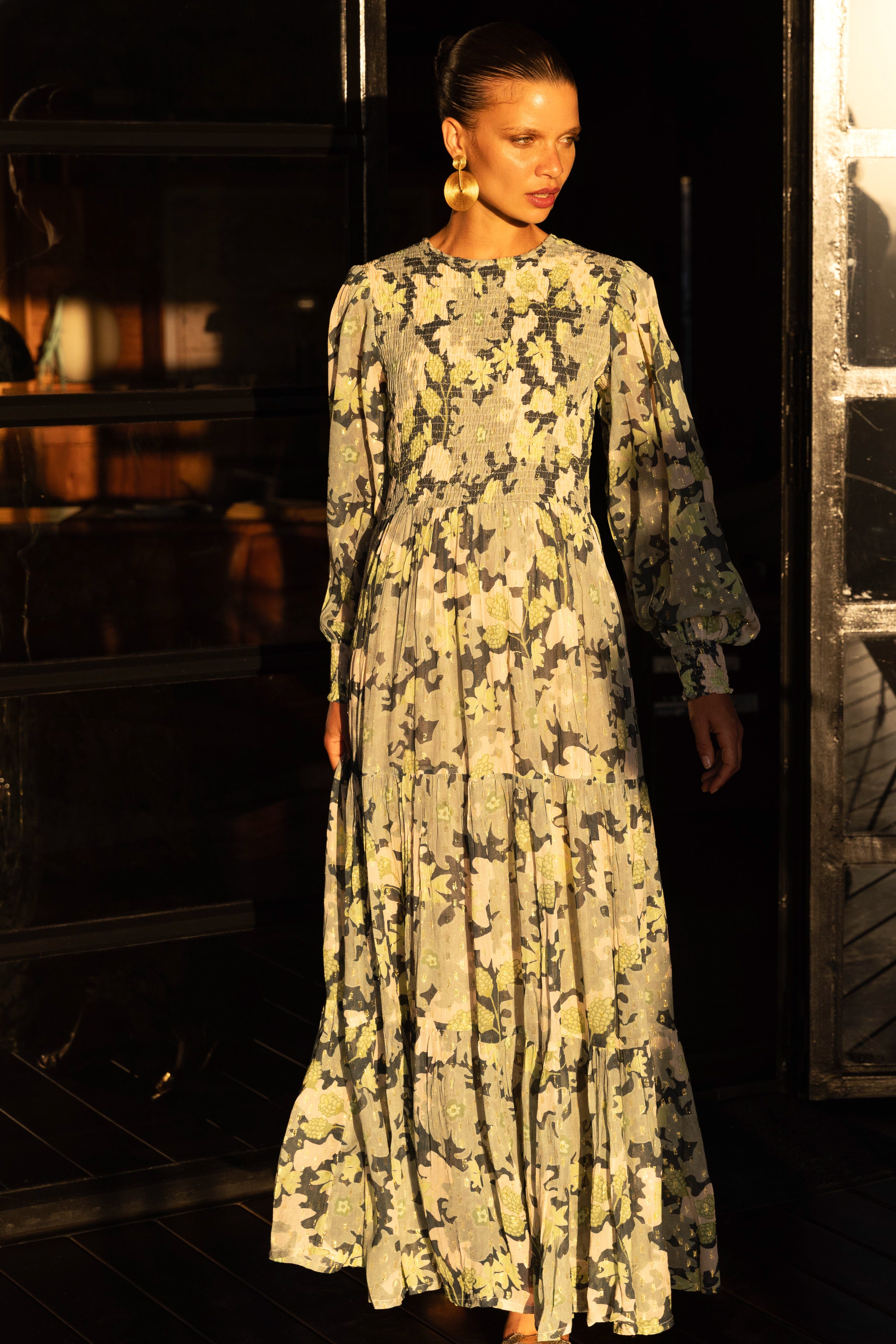 Smocked Top Maxi- Suzani Charcoal