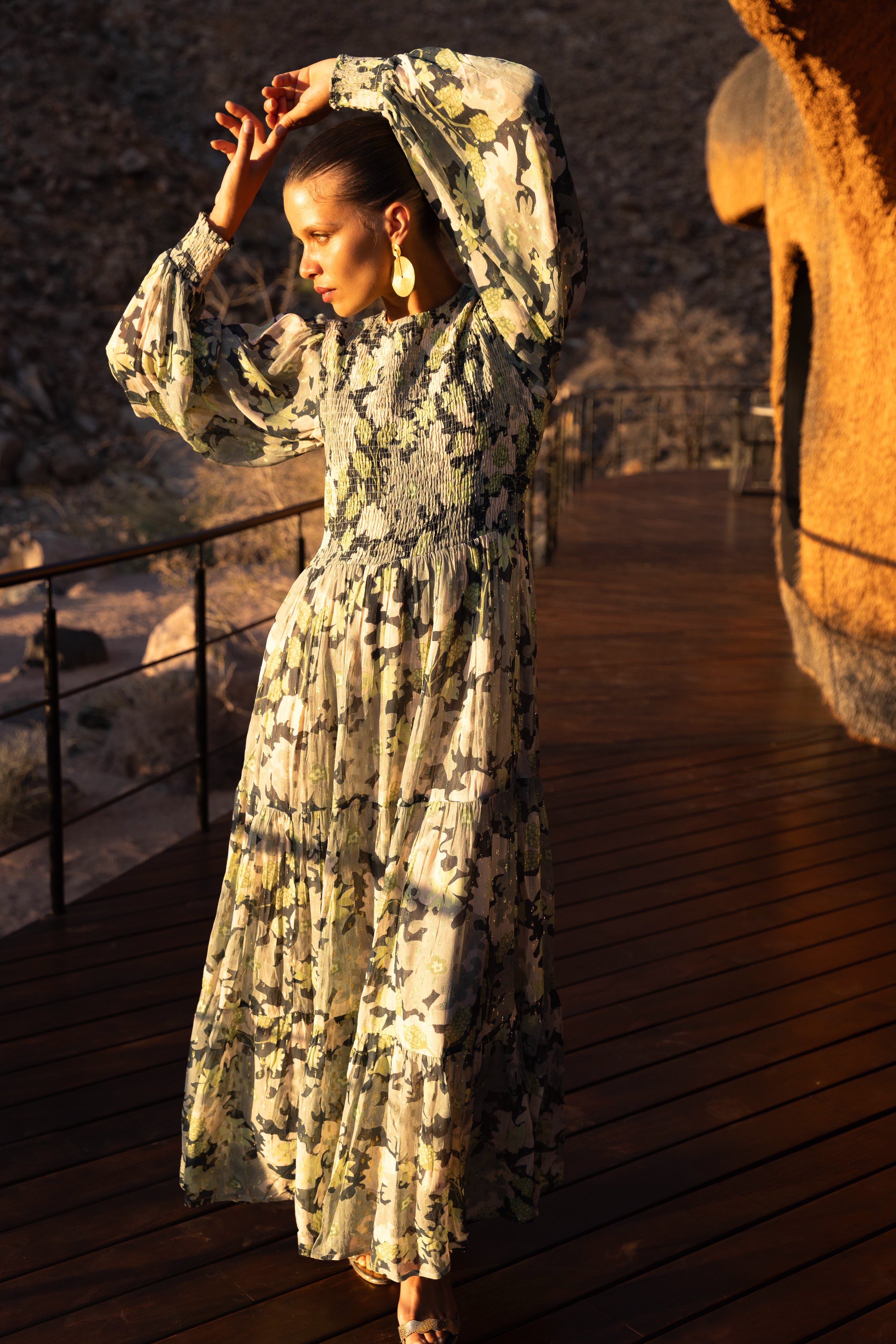 Smocked Top Maxi- Suzani Charcoal