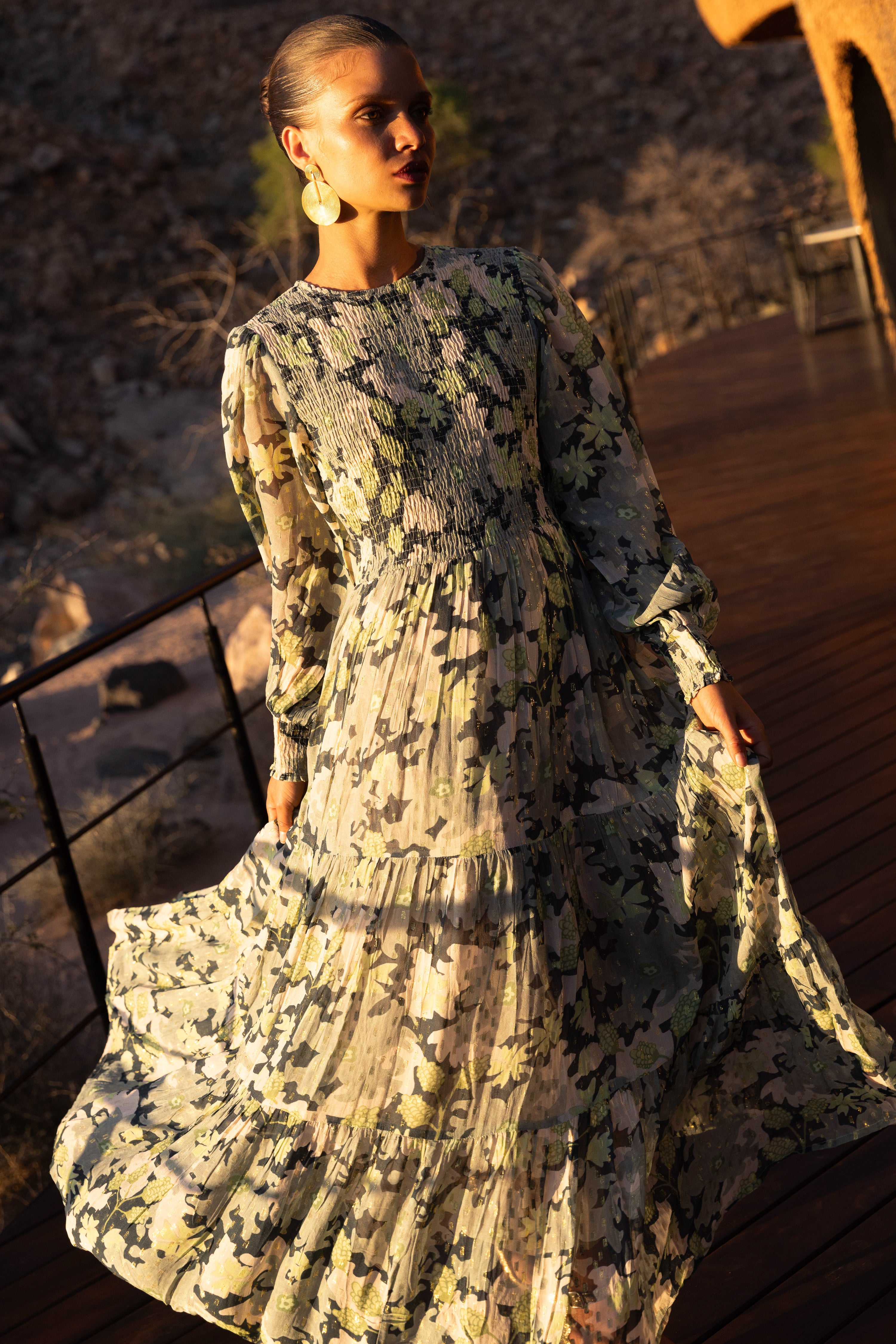 Smocked Top Maxi- Suzani Charcoal