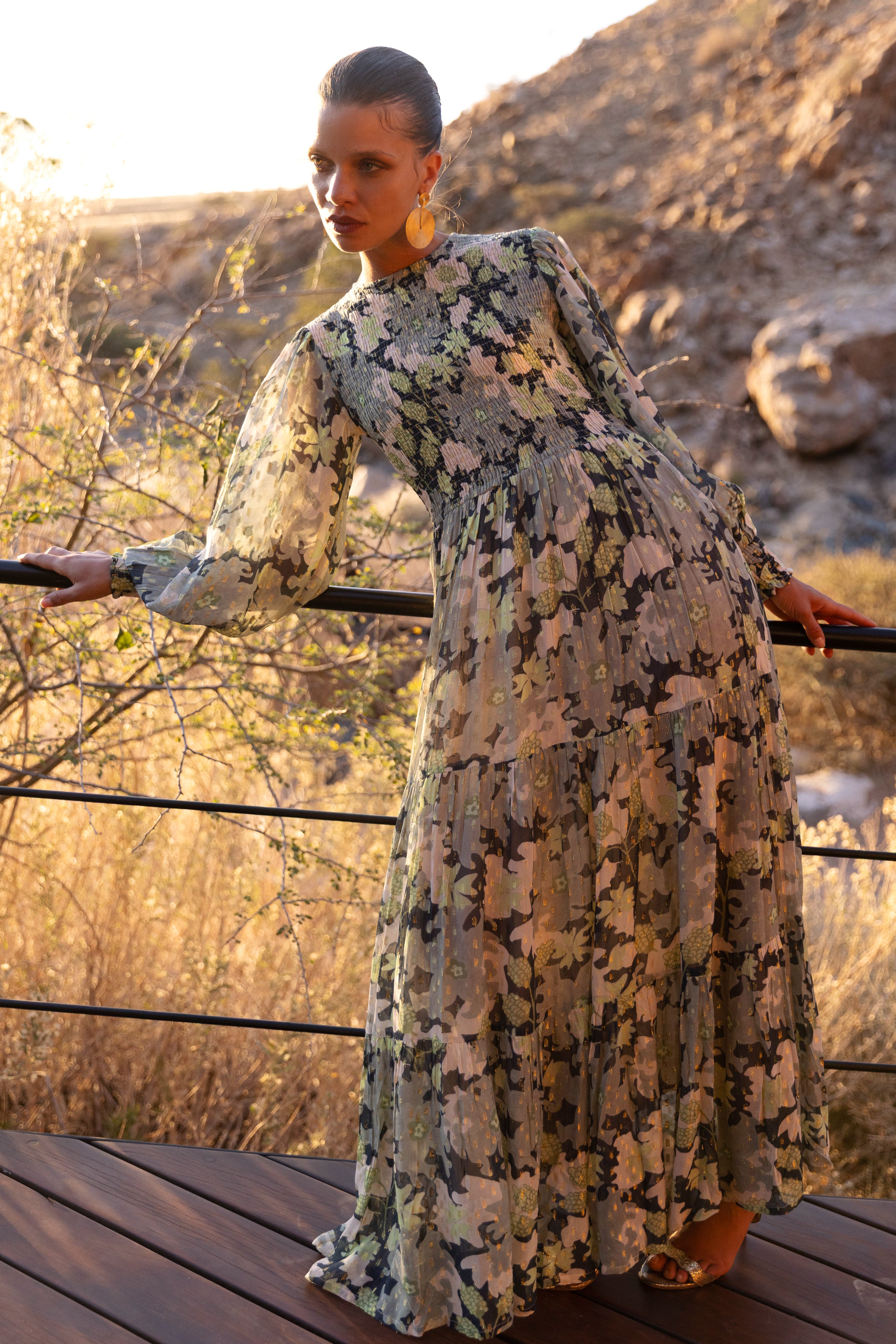 Smocked Top Maxi- Suzani Charcoal