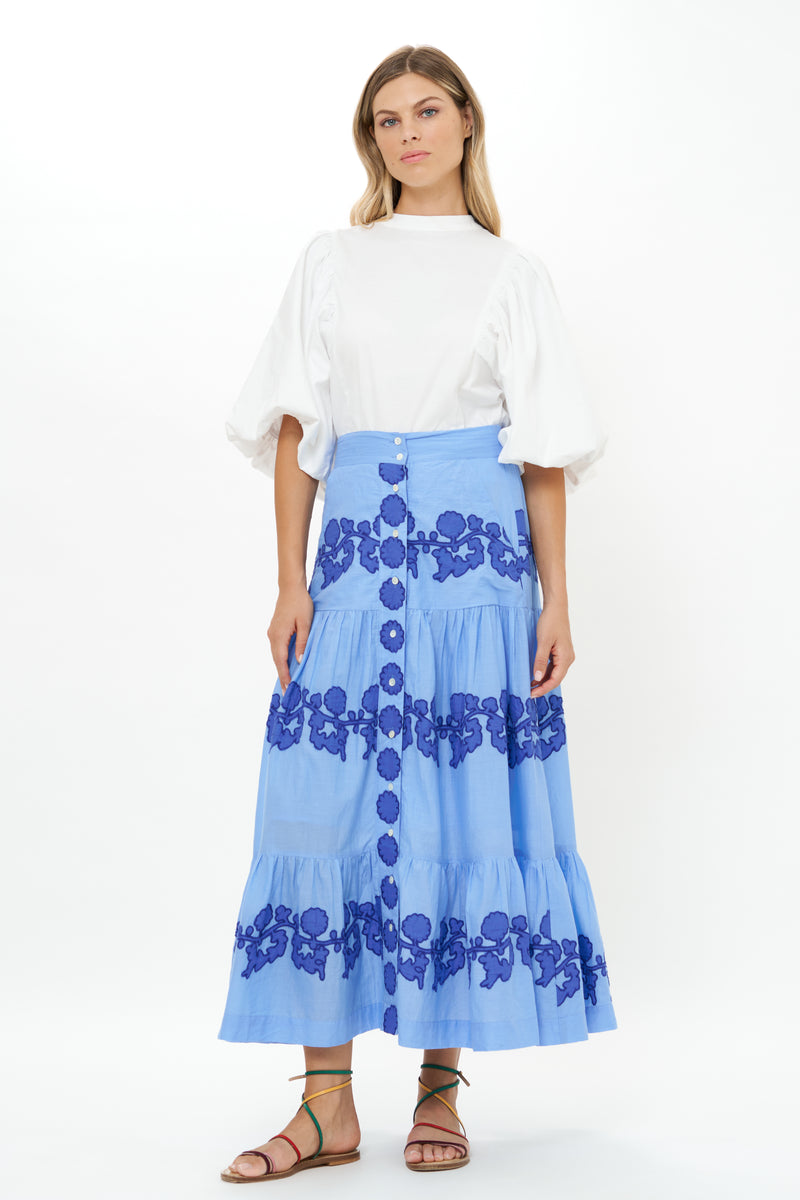 Button Front Skirt- Tangier Blue