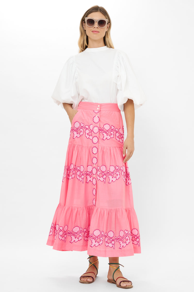 Button Front Skirt- Tangier Pink