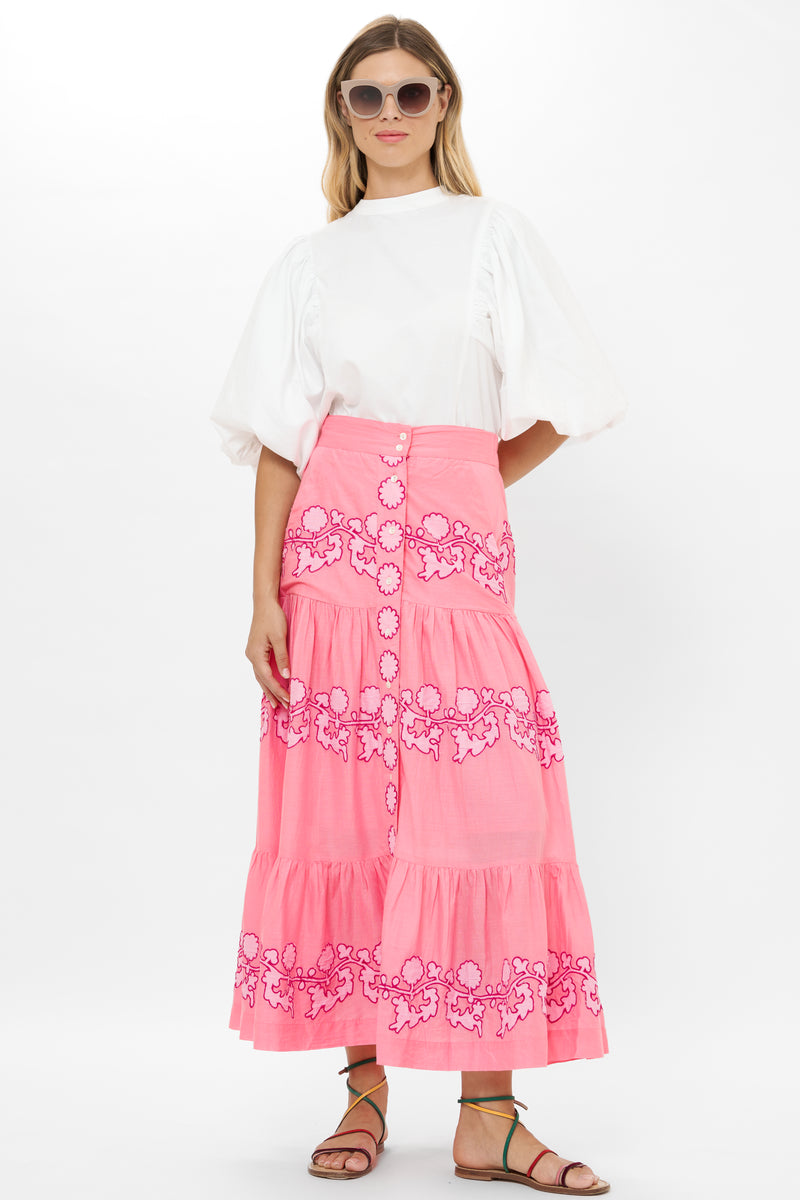 Button Front Skirt- Tangier Pink