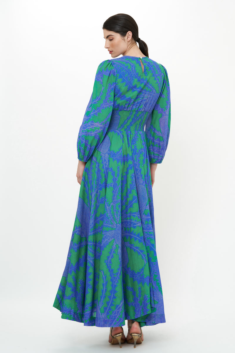 Crew Neck Smocked Waist Maxi- Thistle Green