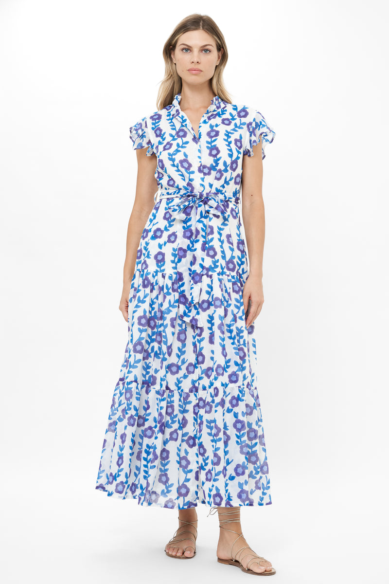 Ruffle Collar Button Maxi- Toscana Blue