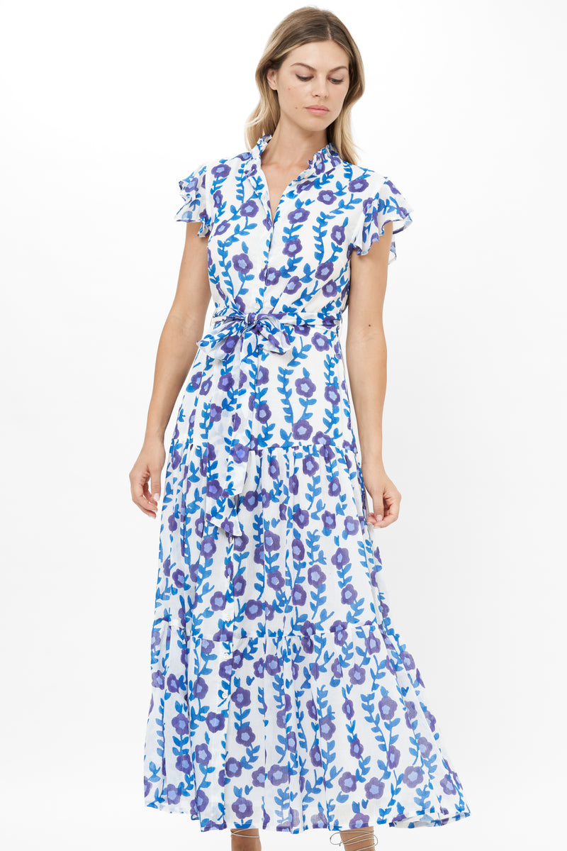 Ruffle Collar Button Maxi- Toscana Blue