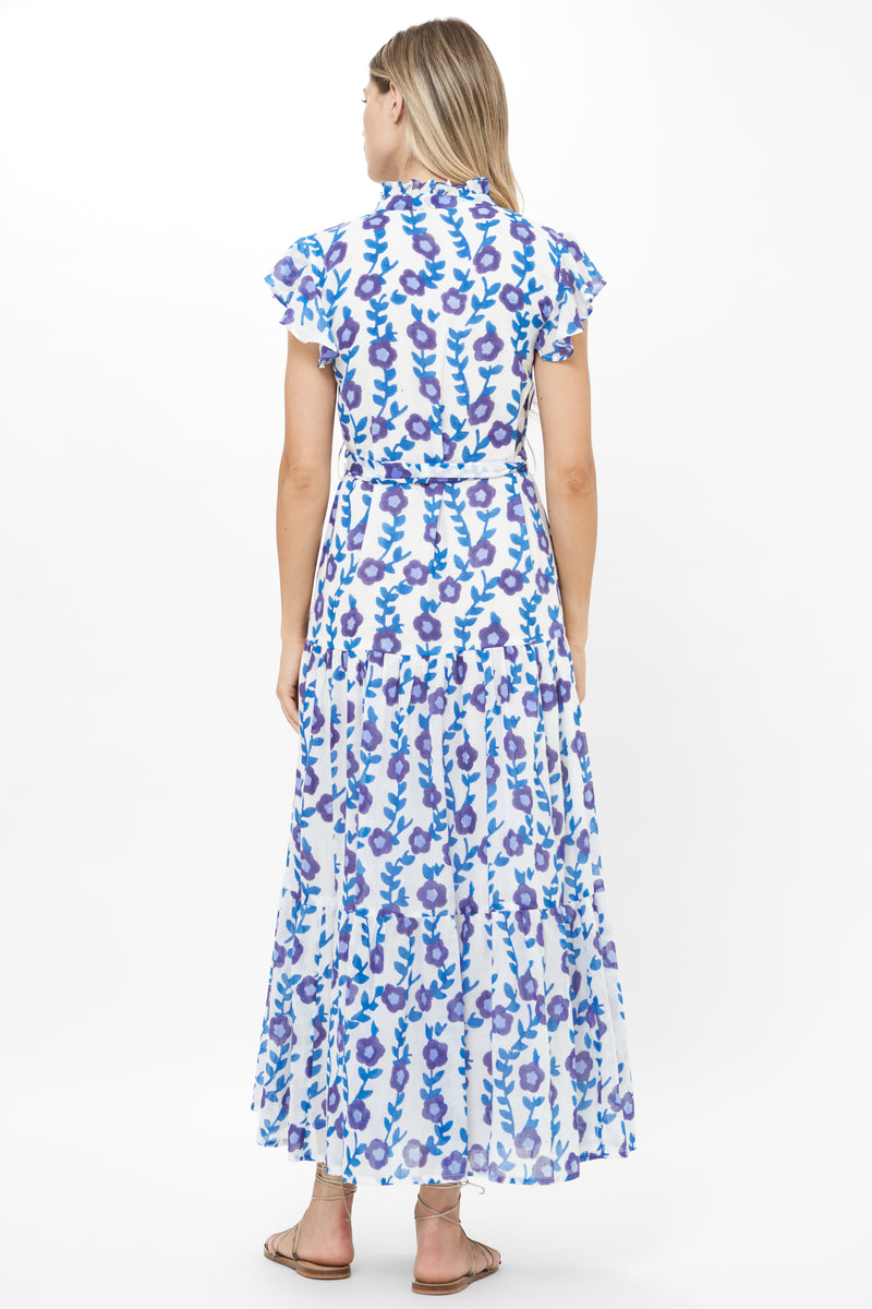 Ruffle Collar Button Maxi- Toscana Blue