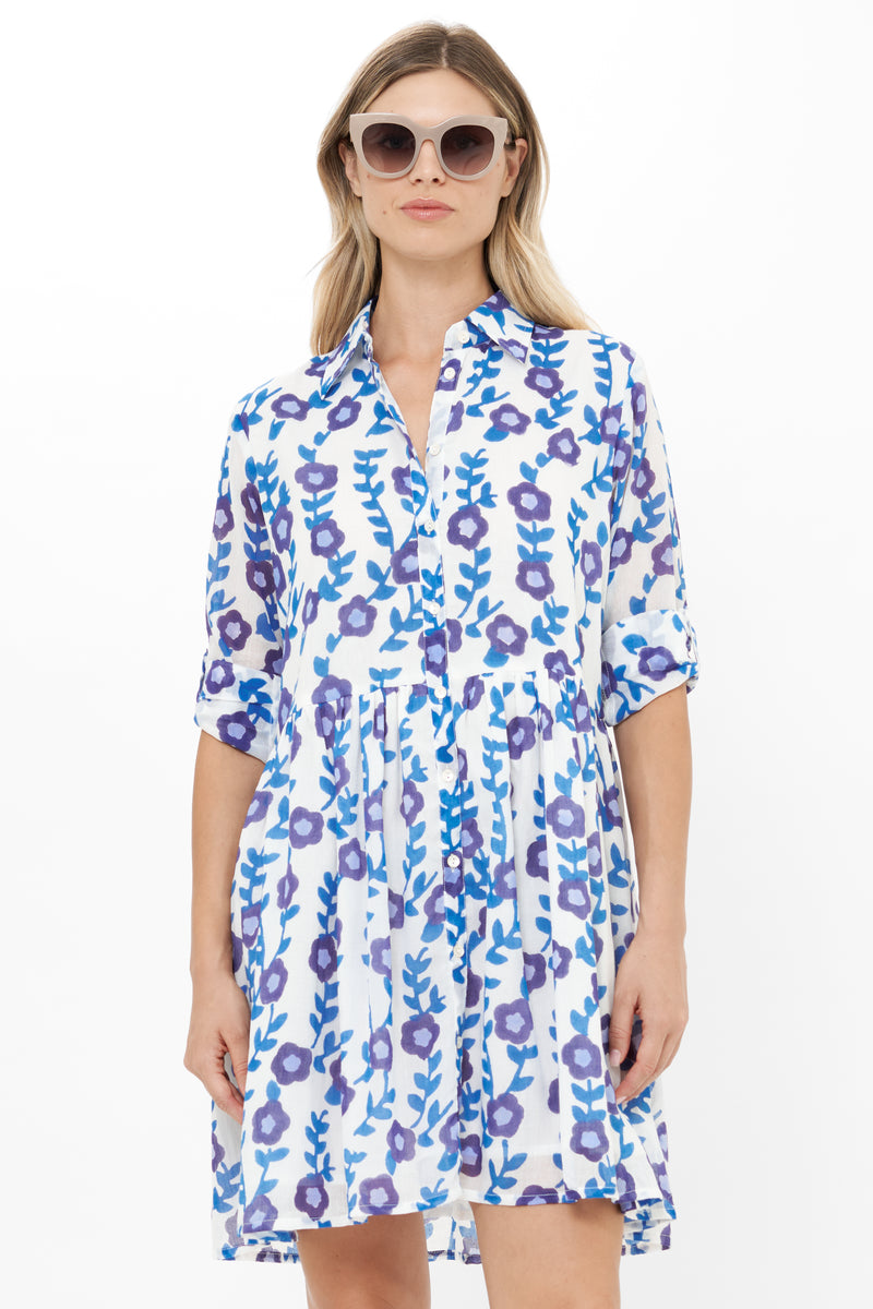 Long Sleeve Shirt Dress Mini- Toscana Blue