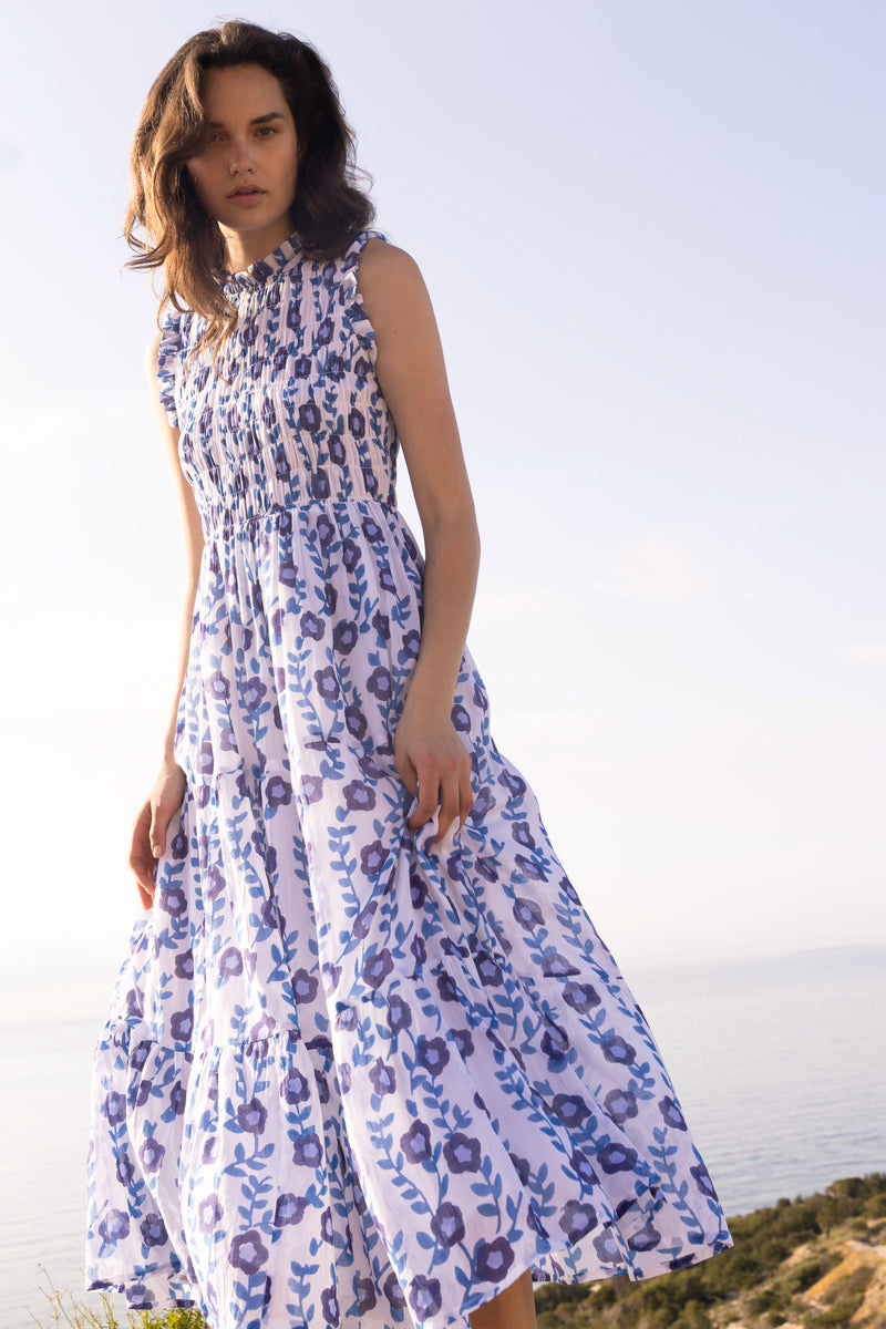 Sleeveless Smocked Maxi- Toscana Blue