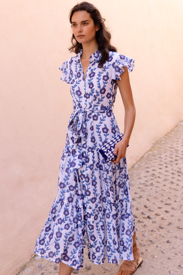 Ruffle Collar Button Maxi- Toscana Blue