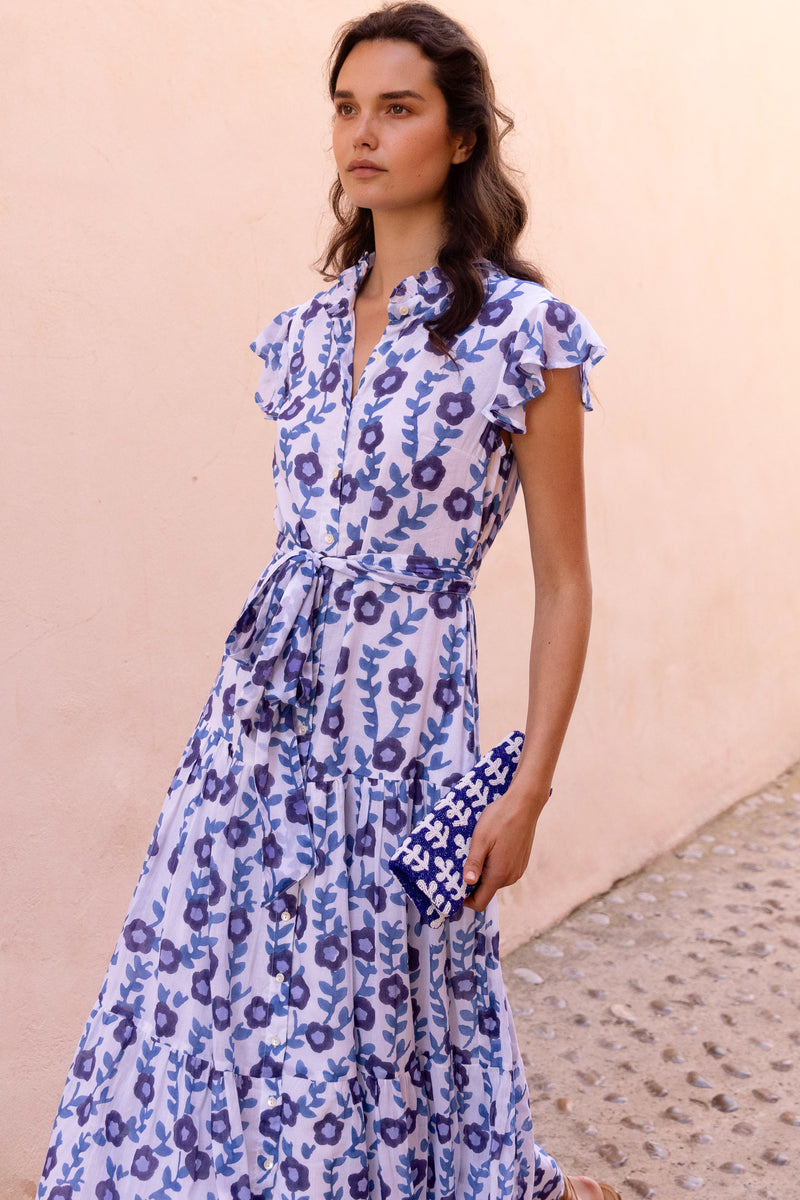 Ruffle Collar Button Maxi- Toscana Blue