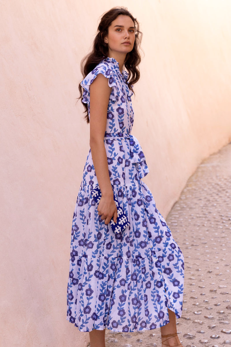 Ruffle Collar Button Maxi- Toscana Blue