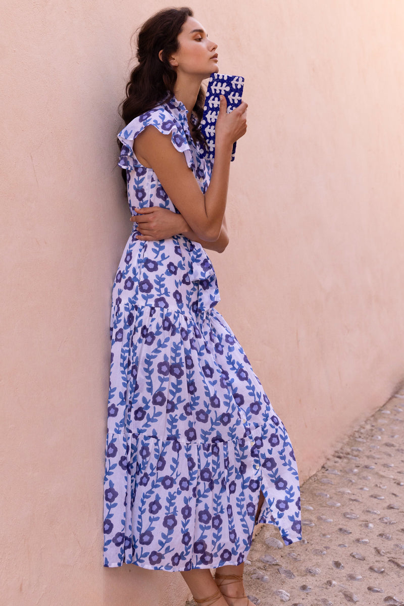 Ruffle Collar Button Maxi- Toscana Blue