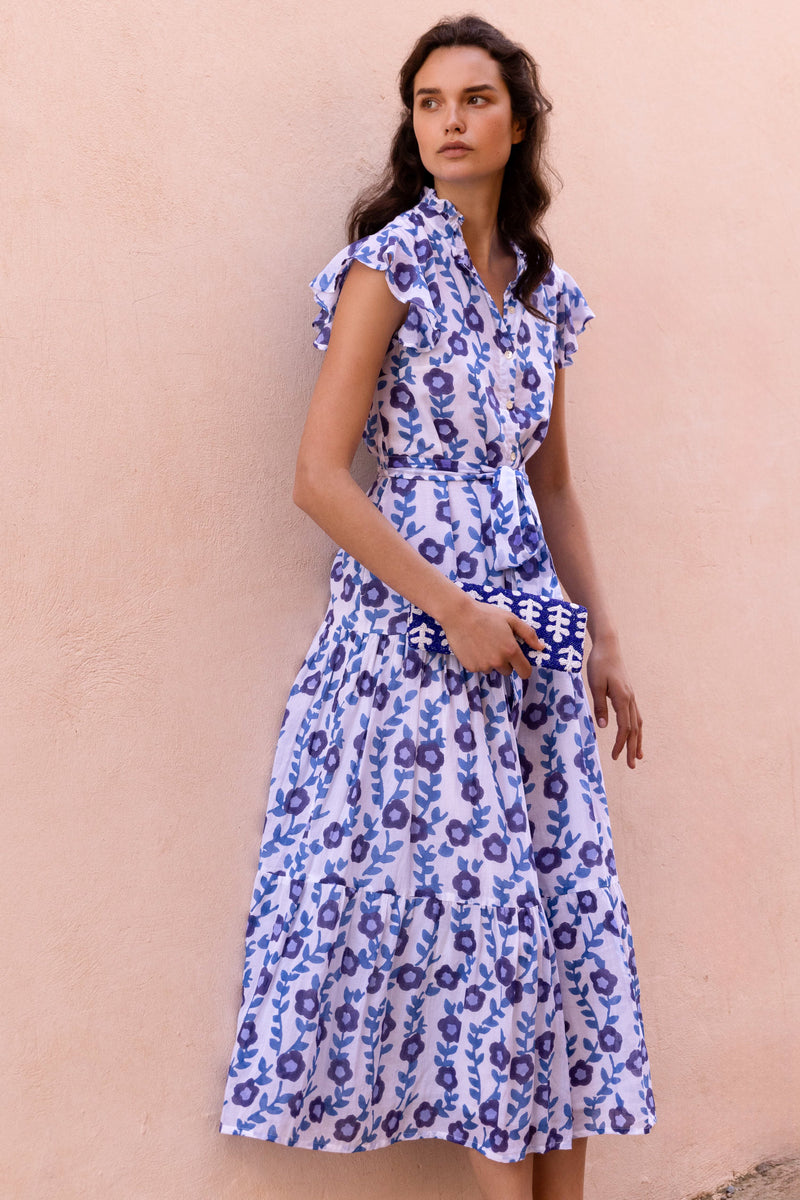 Ruffle Collar Button Maxi- Toscana Blue