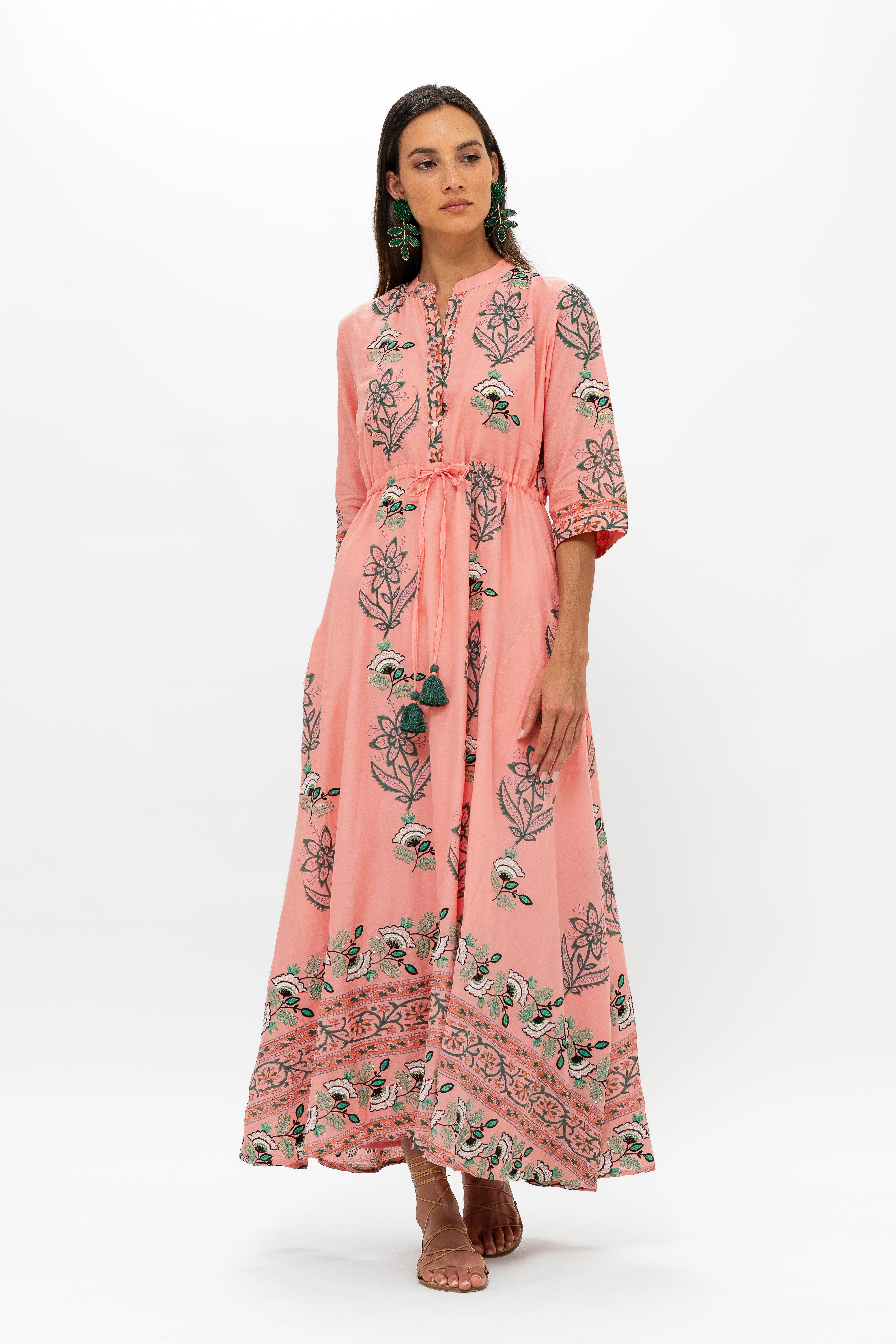 Cinched Shirt Dress Maxi- Udaipur Coral