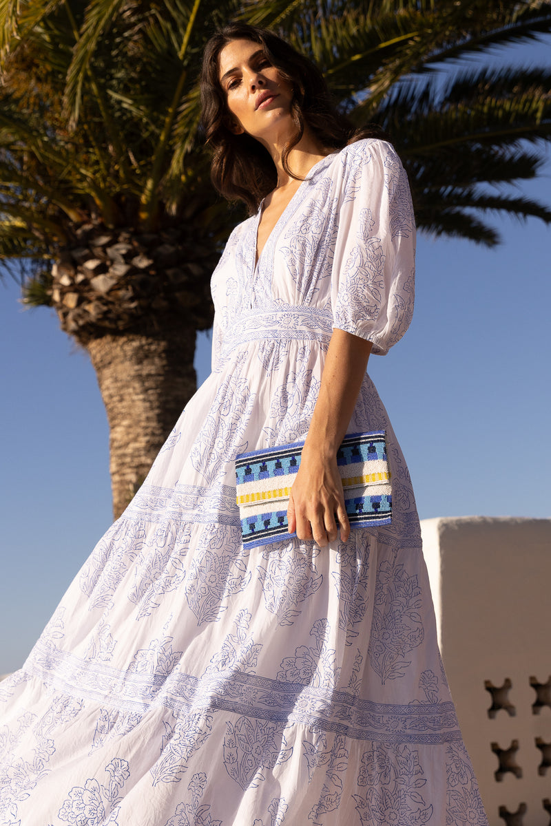 V-Neck Puff Maxi- Amadora Blue