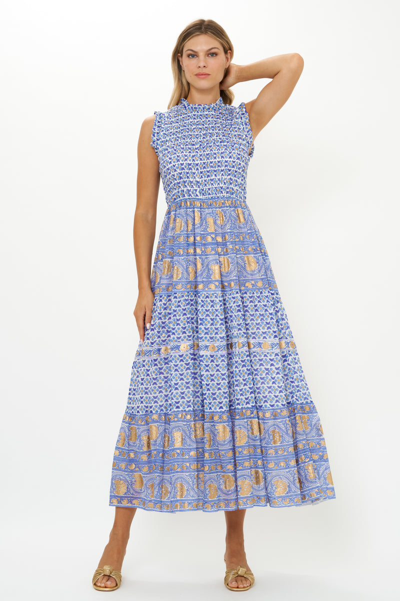 Sleeveless Smocked Maxi- Veranda Blue