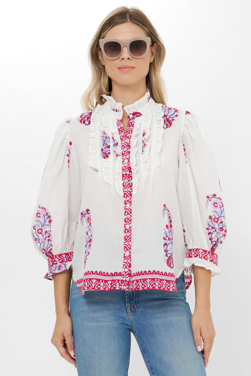 Ruffle Front Button Blouse- Verna Red