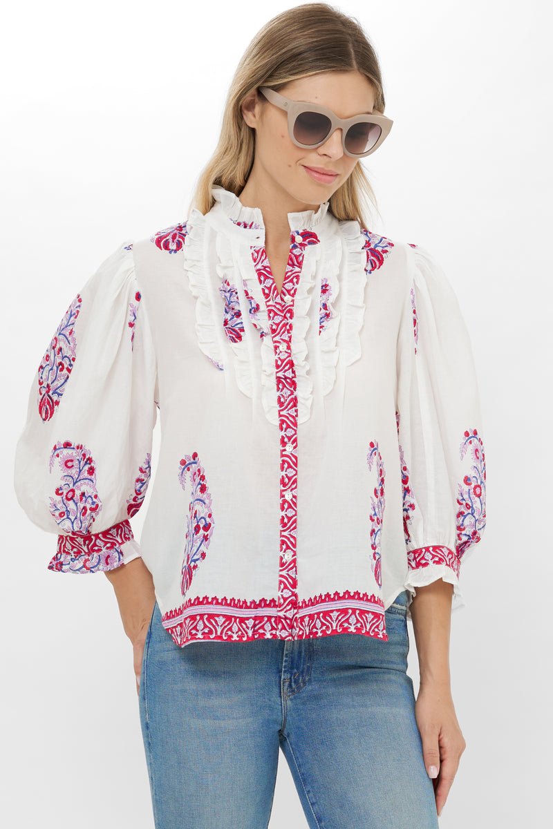 Ruffle Front Button Blouse- Verna Red
