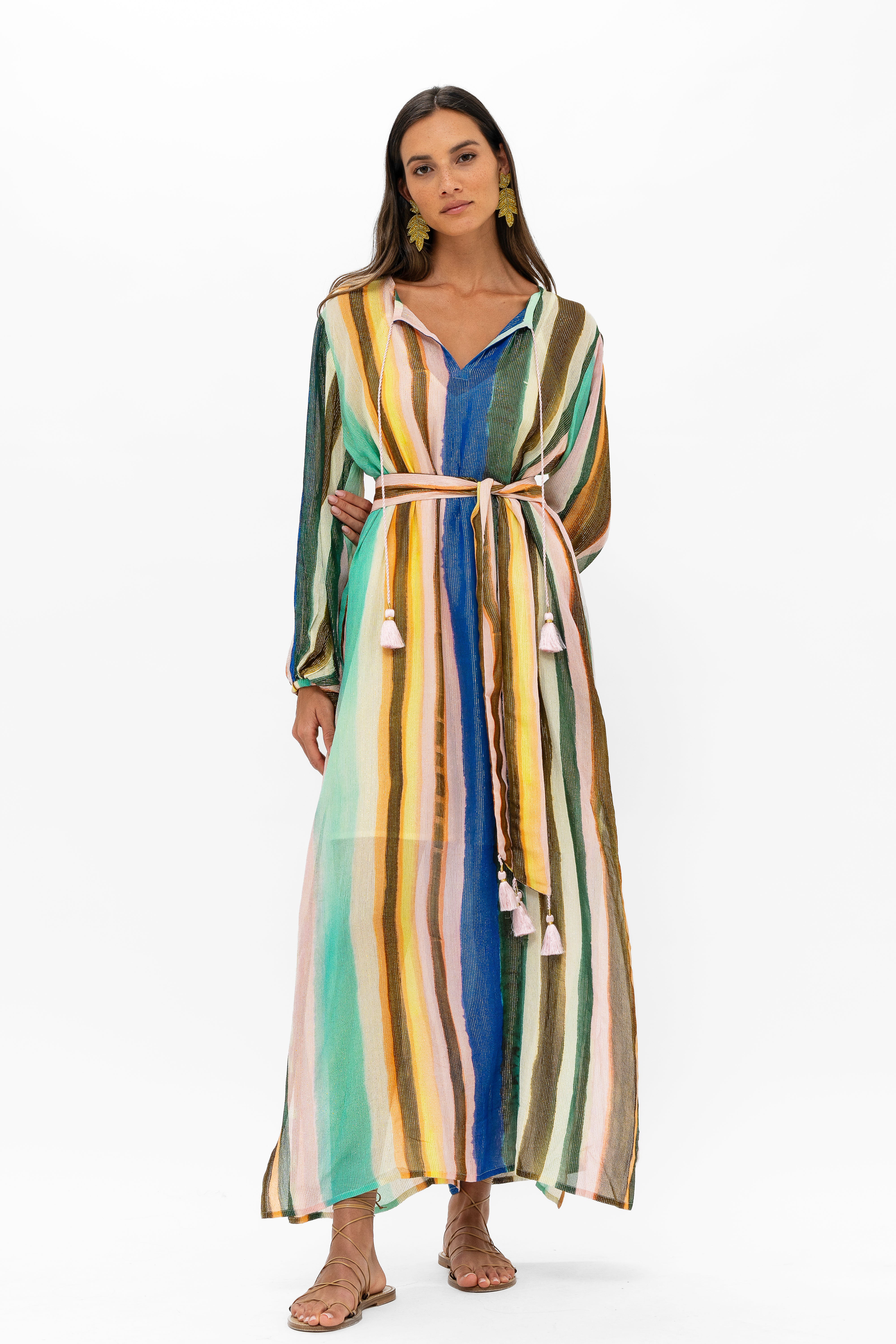 Belted Long Sleeve Shift Maxi- Zanzibar Multi