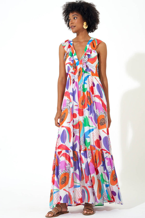 Ruffle V-Neck Maxi- Papaya Orange