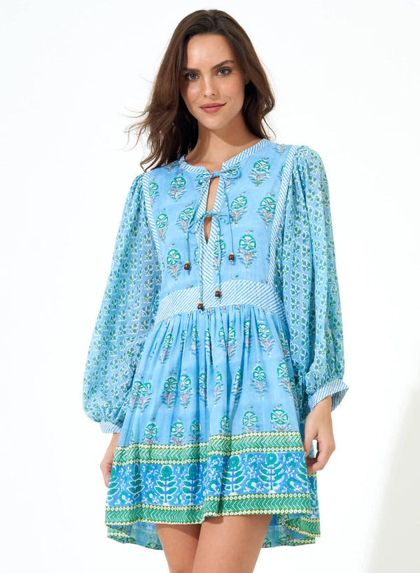 Tie Front Balloon Sleeve- Clover Blue