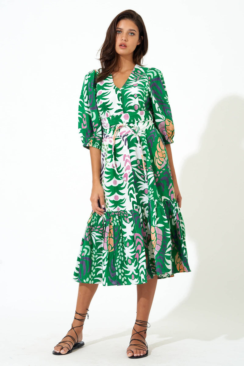 Button Puff Sleeve Dress- Grenadine Green