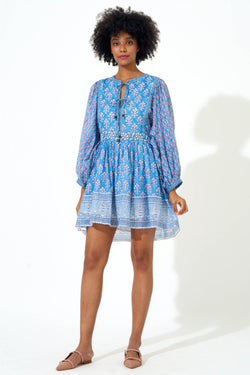Tie Front Balloon Sleeve Dress- Antibes Blue