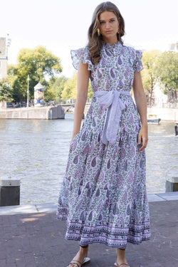 Ruffle Collar Button Maxi- Boteh Olive