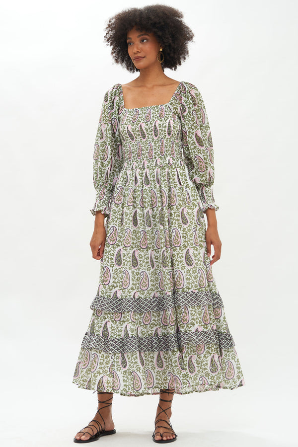 Smocked Top Ruffle Midi- Boteh Olive