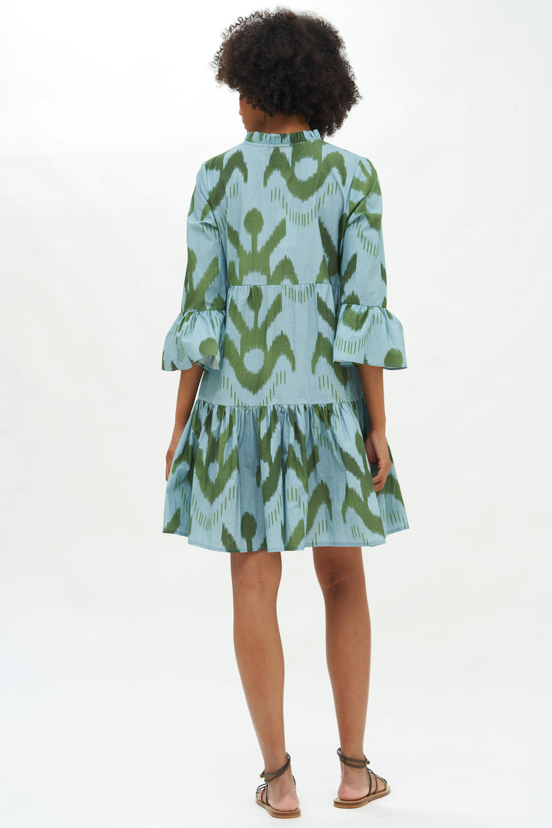 Bell Sleeve Tiered Mini- Chitka Blue Green