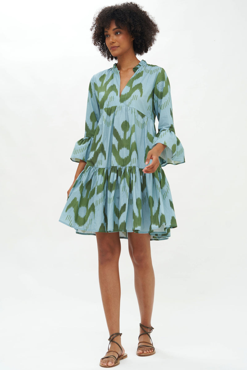 Bell Sleeve Tiered Mini- Chitka Blue Green