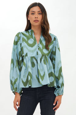 Mandarin Balloon Top- Chitka Blue Green