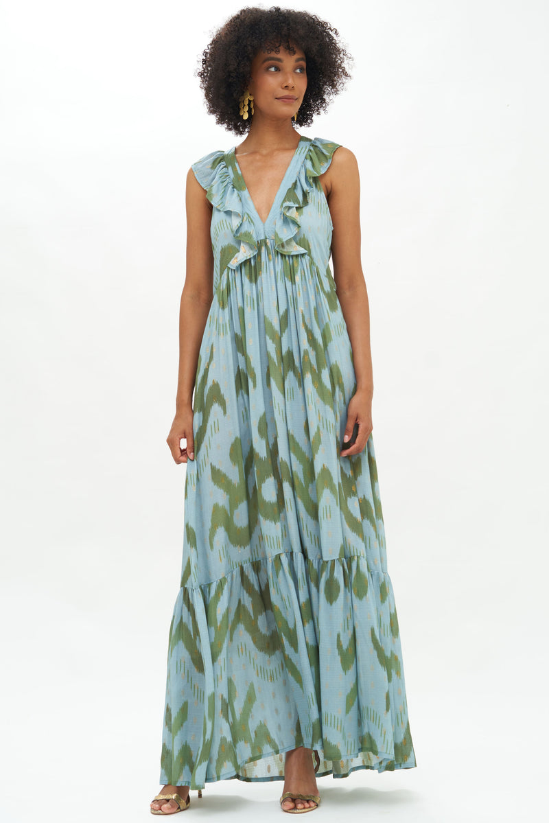 Ruffle V-Neck Maxi- Chitka Blue Green
