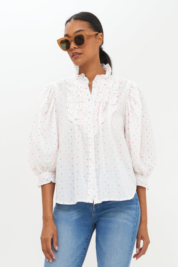 Ruffle Front Button Blouse- Dipsy White