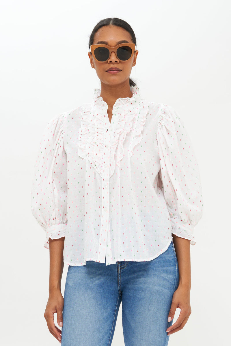 Ruffle Front Button Blouse- Dipsy White