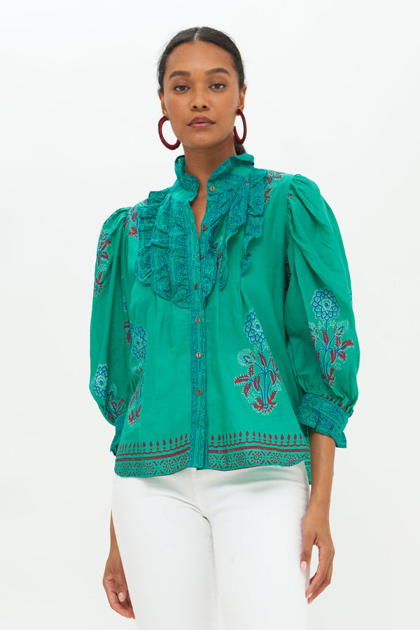 Ruffle Front Button Blouse- Goldenrod Green