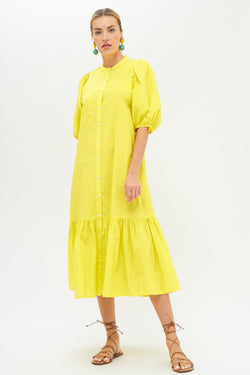Button Puff Sleeve Midi- Goldfinch Yellow
