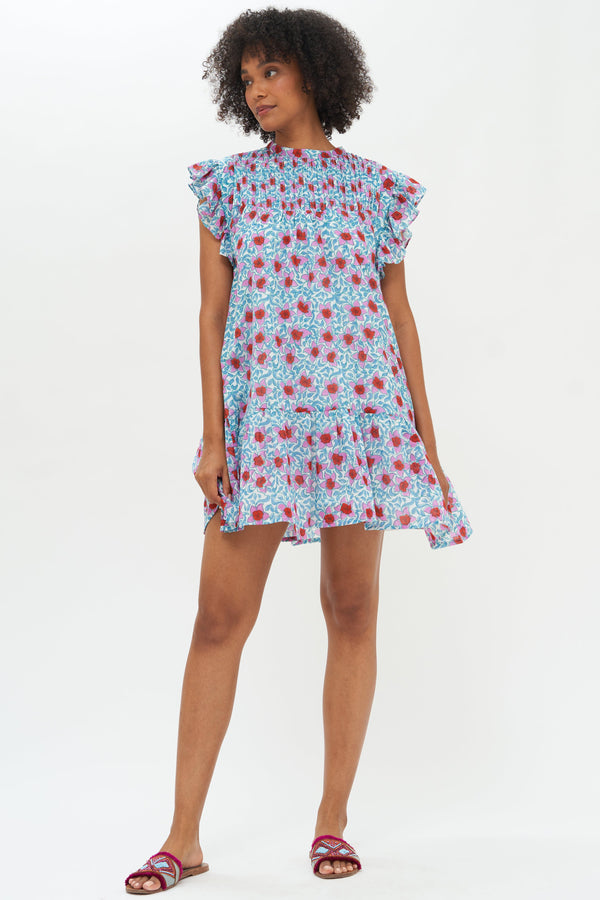 Short Sleeve Pintuck Flirty Dress- Jardin Turquoise