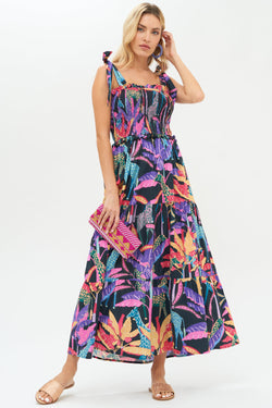 Smocked Wide Tie Strap Midi- Kruger Black