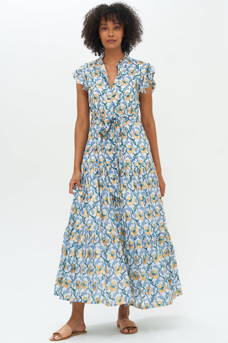 Ruffle Collar Button Maxi- Kyoto Turquoise