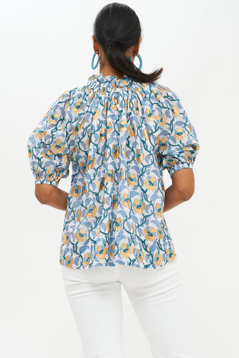 Smocked Neck Top- Kyoto Turquoise