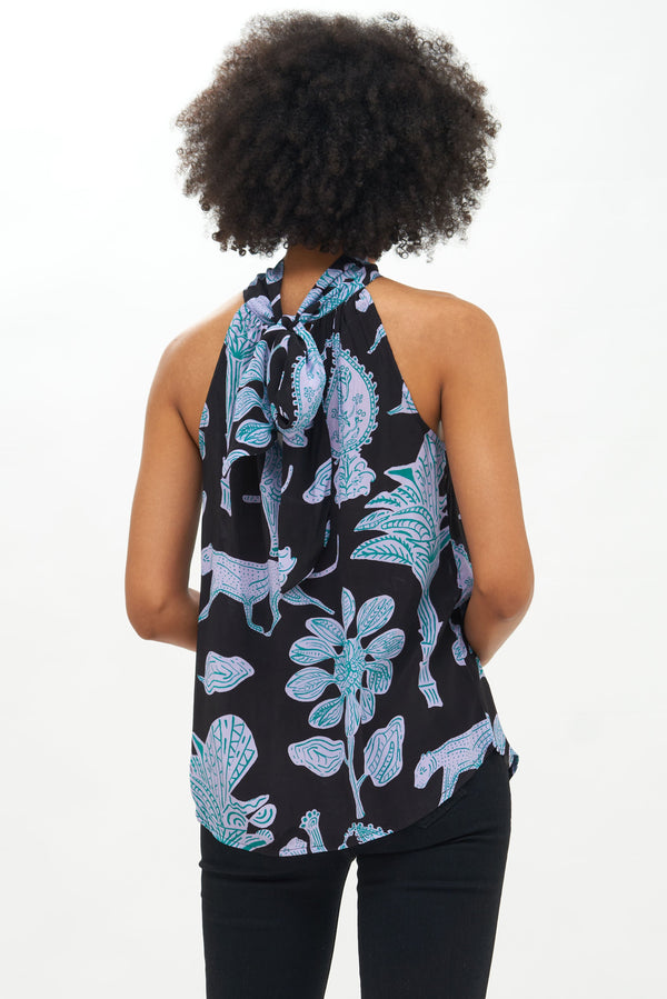 Sleeveless Tie Neck Top- Lamu Black