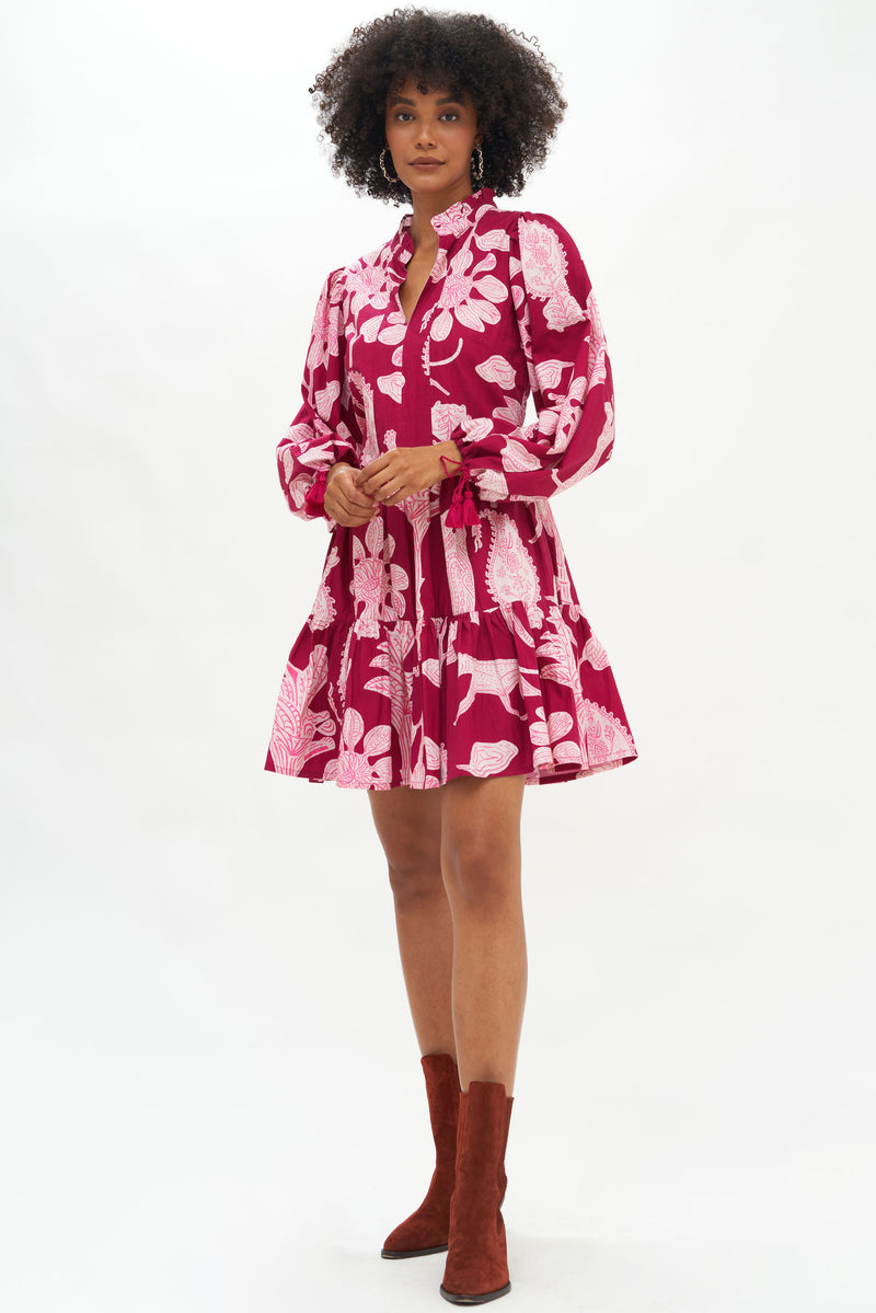 Long Sleeve Yoke Dress- Lamu Magenta