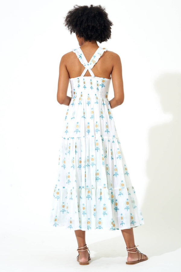 Ruffle Cross Back Midi- Leela Blue