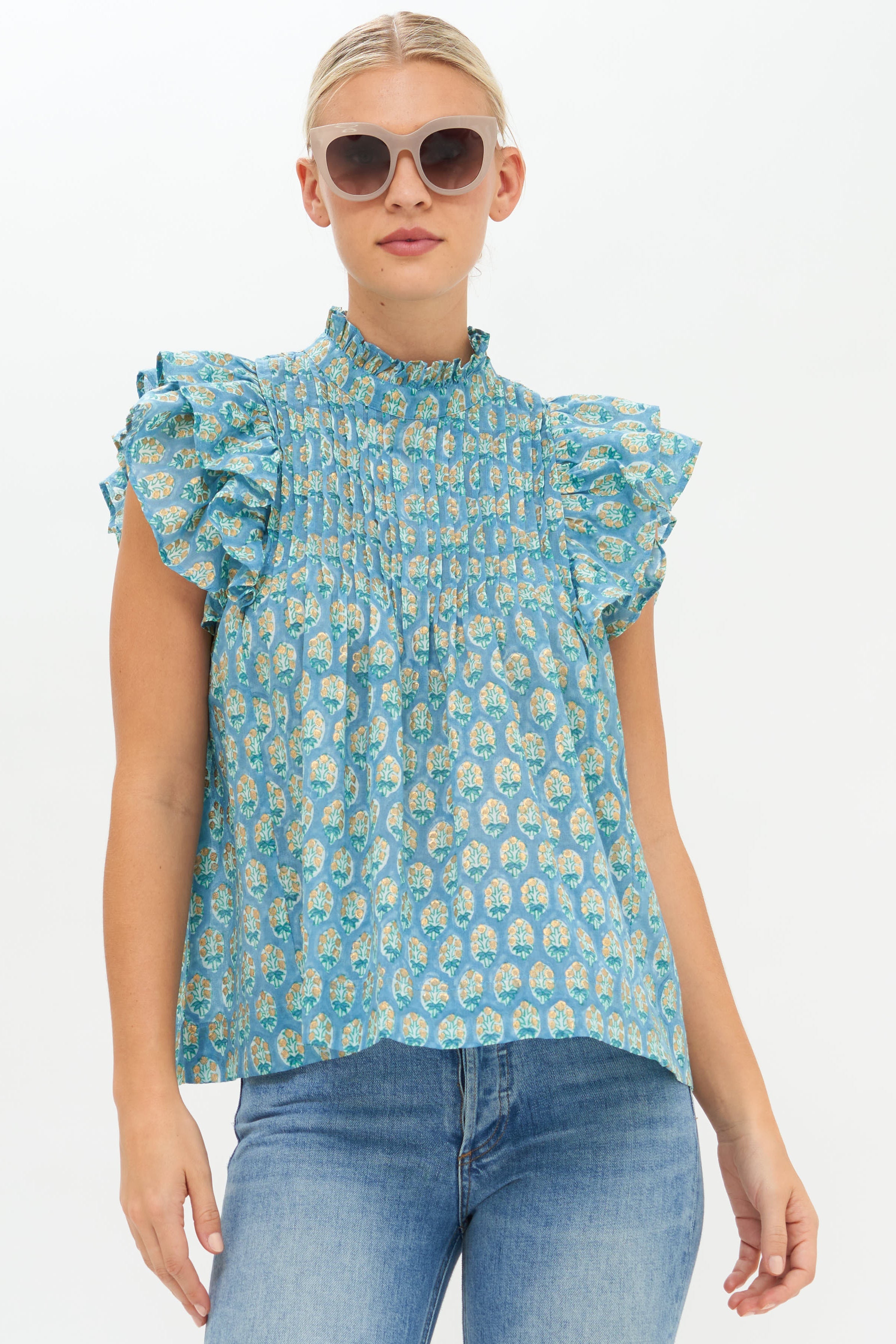 Pintuck Ruffle Top- Lisbon Blue Gold