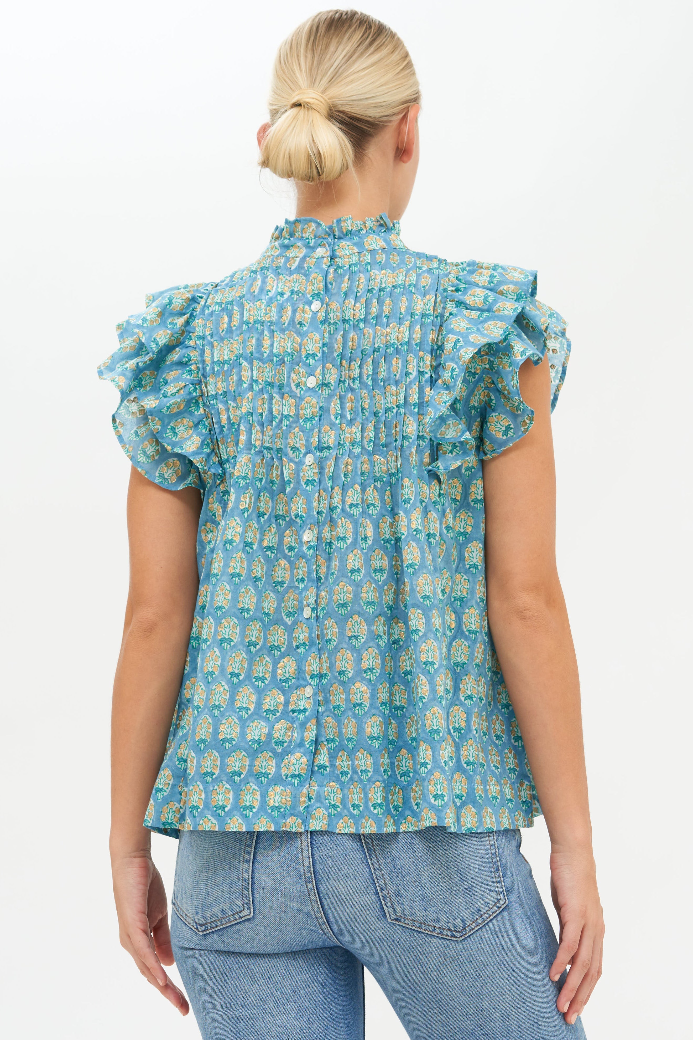 Pintuck Ruffle Top- Lisbon Blue Gold