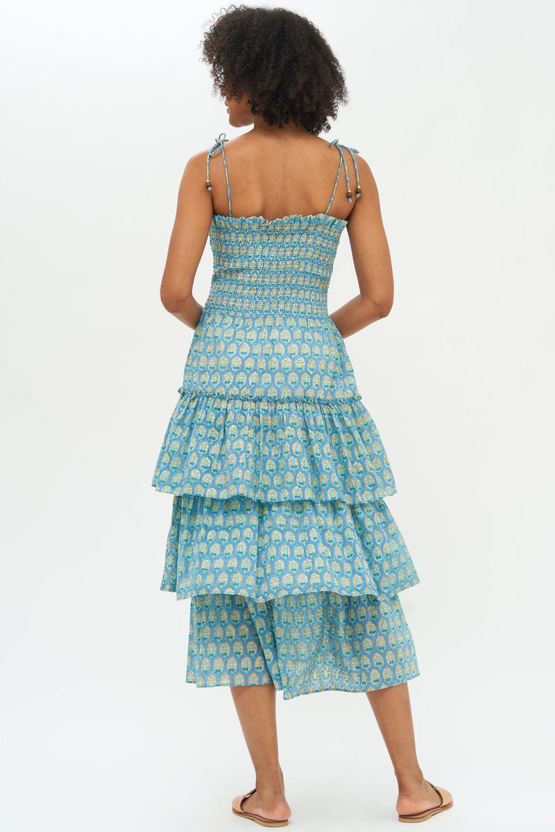 Tie Strap Smocked Midi- Lisbon Blue Gold
