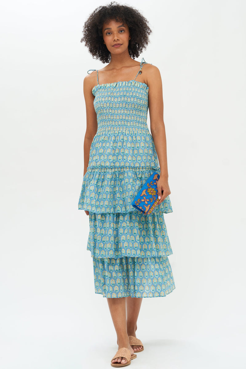 Tie Strap Smocked Midi- Lisbon Blue Gold