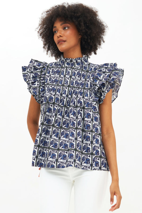 Pintuck Ruffle Top- Madeira Blue